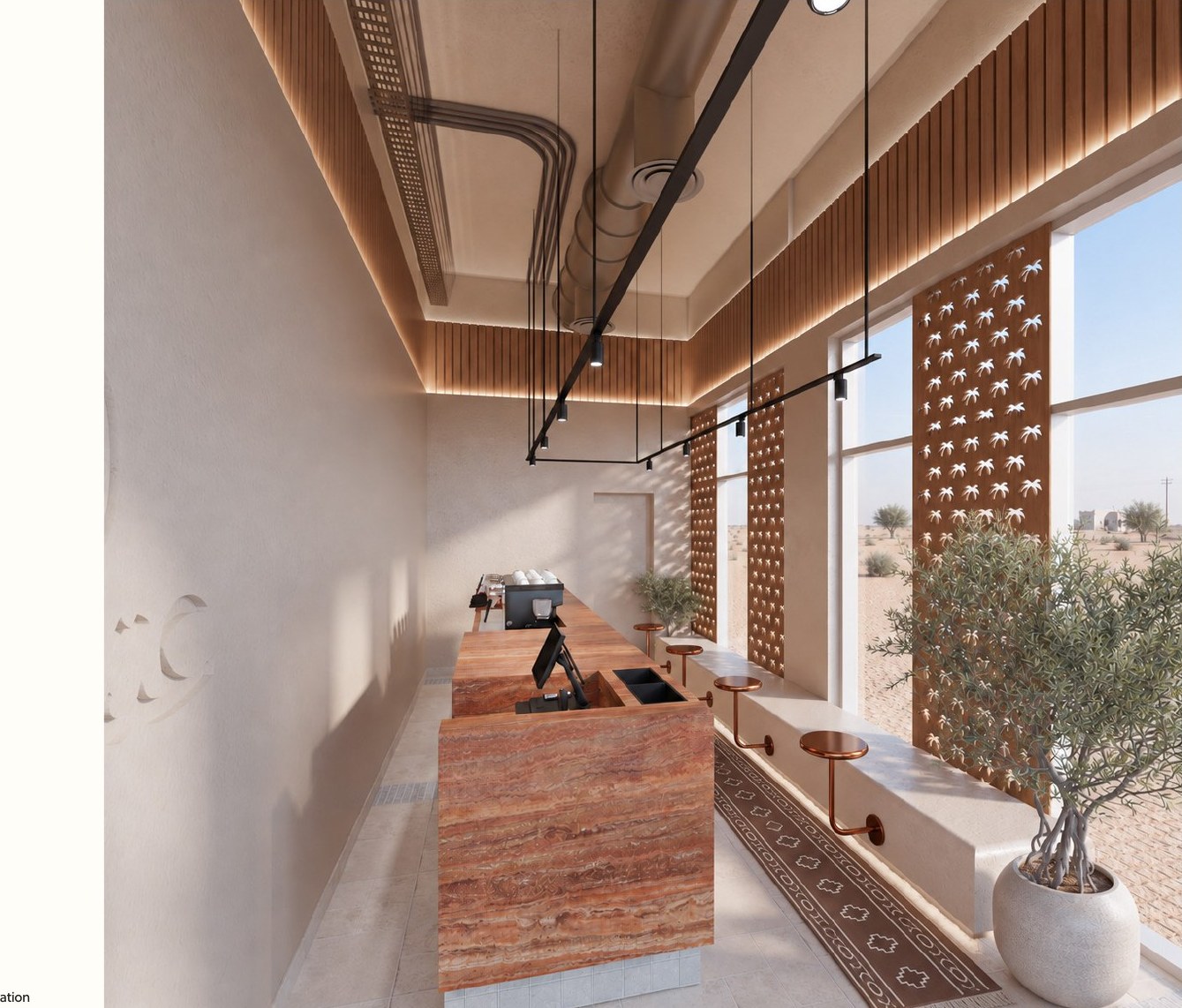 Lahbab café seating and mashrabiya render