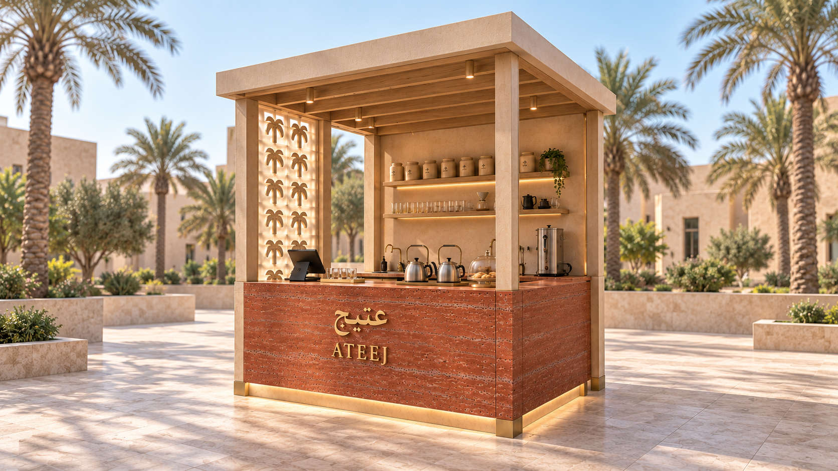 Ateej contemporary pavilion kiosk shown from front service and rear staff access views