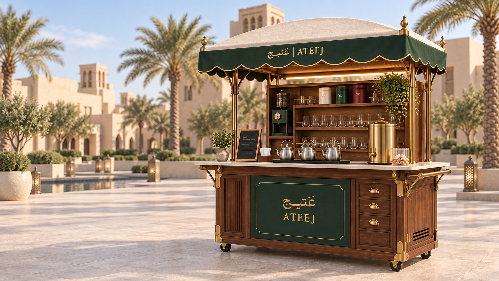 Ateej heritage hospitality cart shown from front and three-quarter views