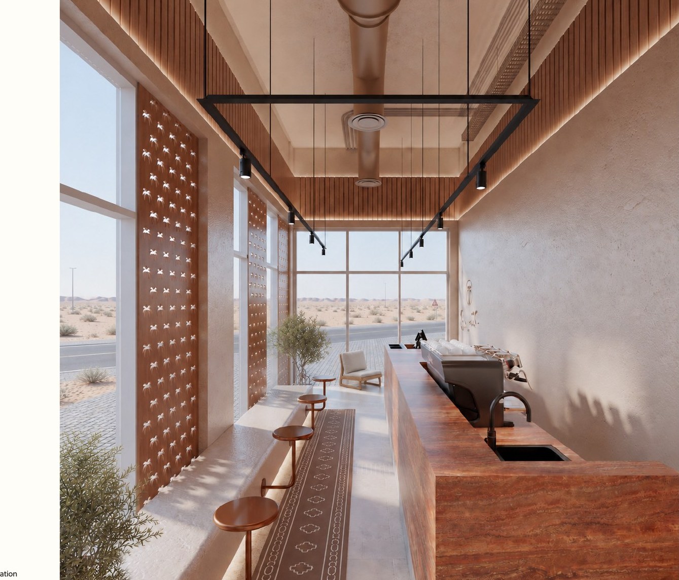 Lahbab café travertine counter and timber ceiling render